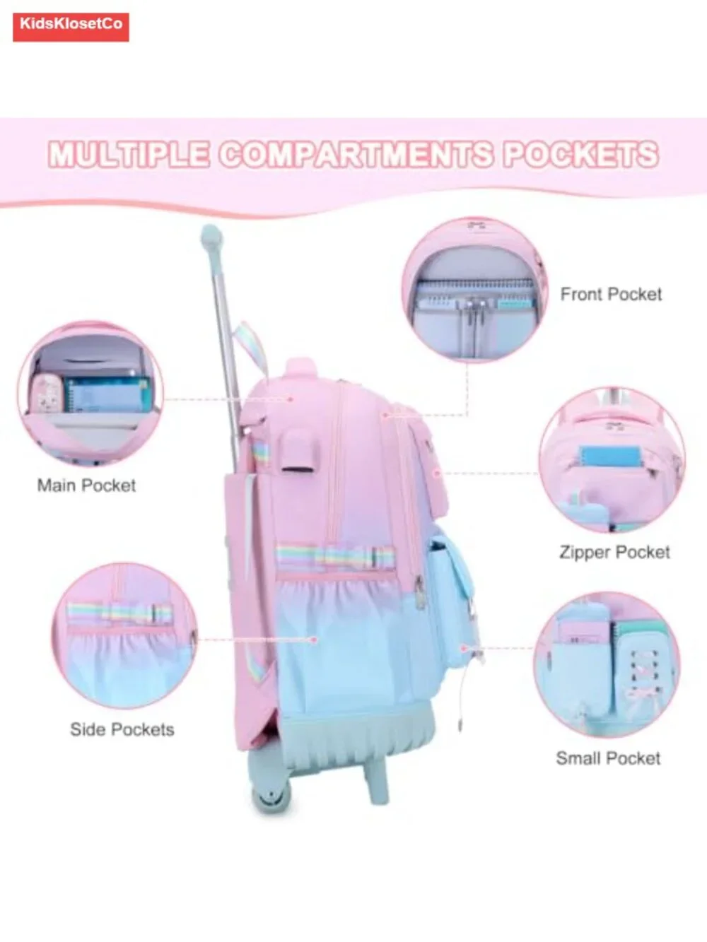 Rolling Backpack for Girls with Wheels, Laptop Compartment, USB Port, Lunch Bag